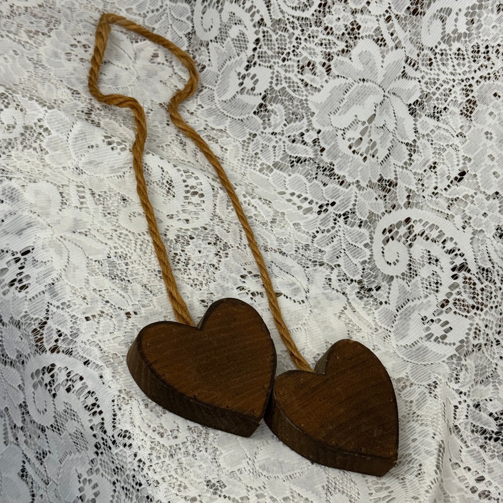 Rustic Wooden Double Heart Hanging Ornament Dark Stain Jute Farmhouse Decor